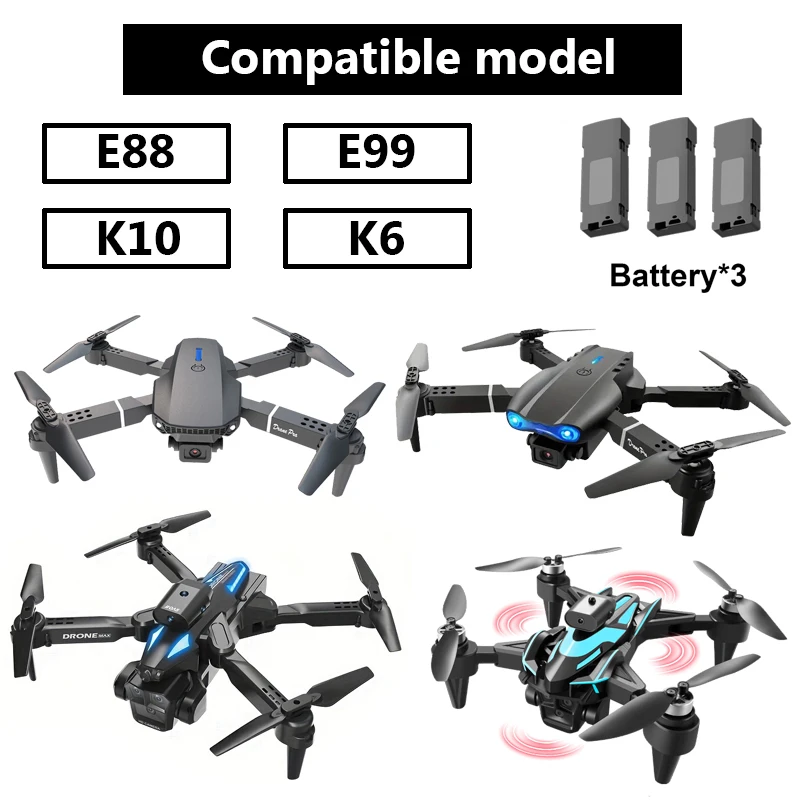 Drone batteries, enhanced battery life, rechargeable batteries, highly durable, suitable for various types of drones such as E99PRO, E88PRO, K3, K6, K10, C10, universal batteries