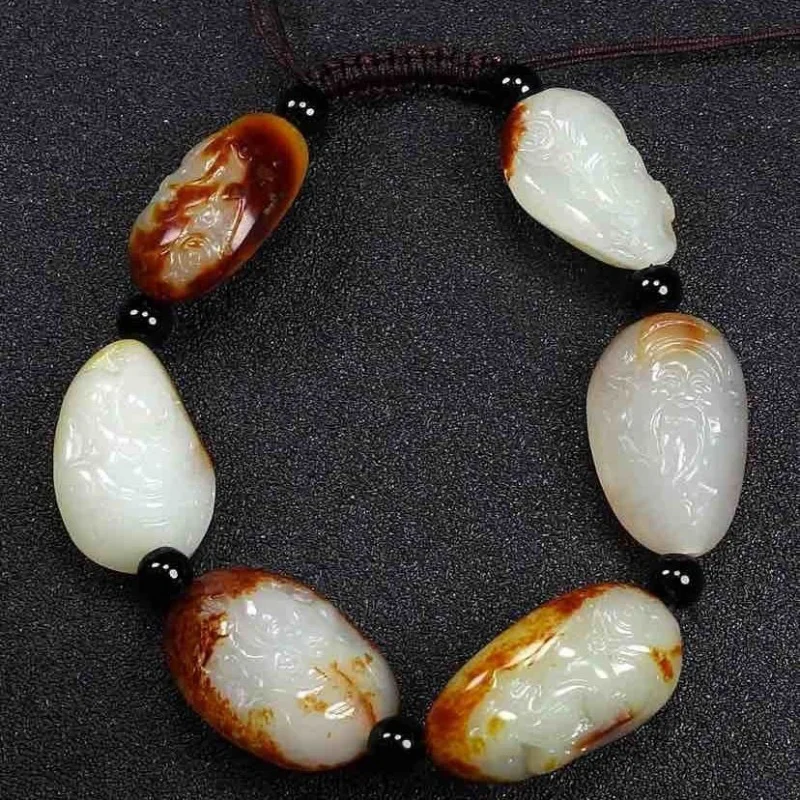 Hetian Pebble White Jade God of Wealth Buddha Bracelet Rough Stone Original Leather Suet