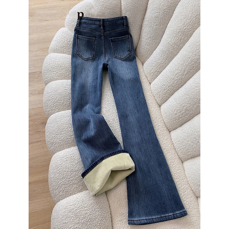 Retro Fleece Lined High Waist Wide Leg Jeans Women's Hip Concealing Slimming Warm Drapey Floor Length Bell Bottom Pants