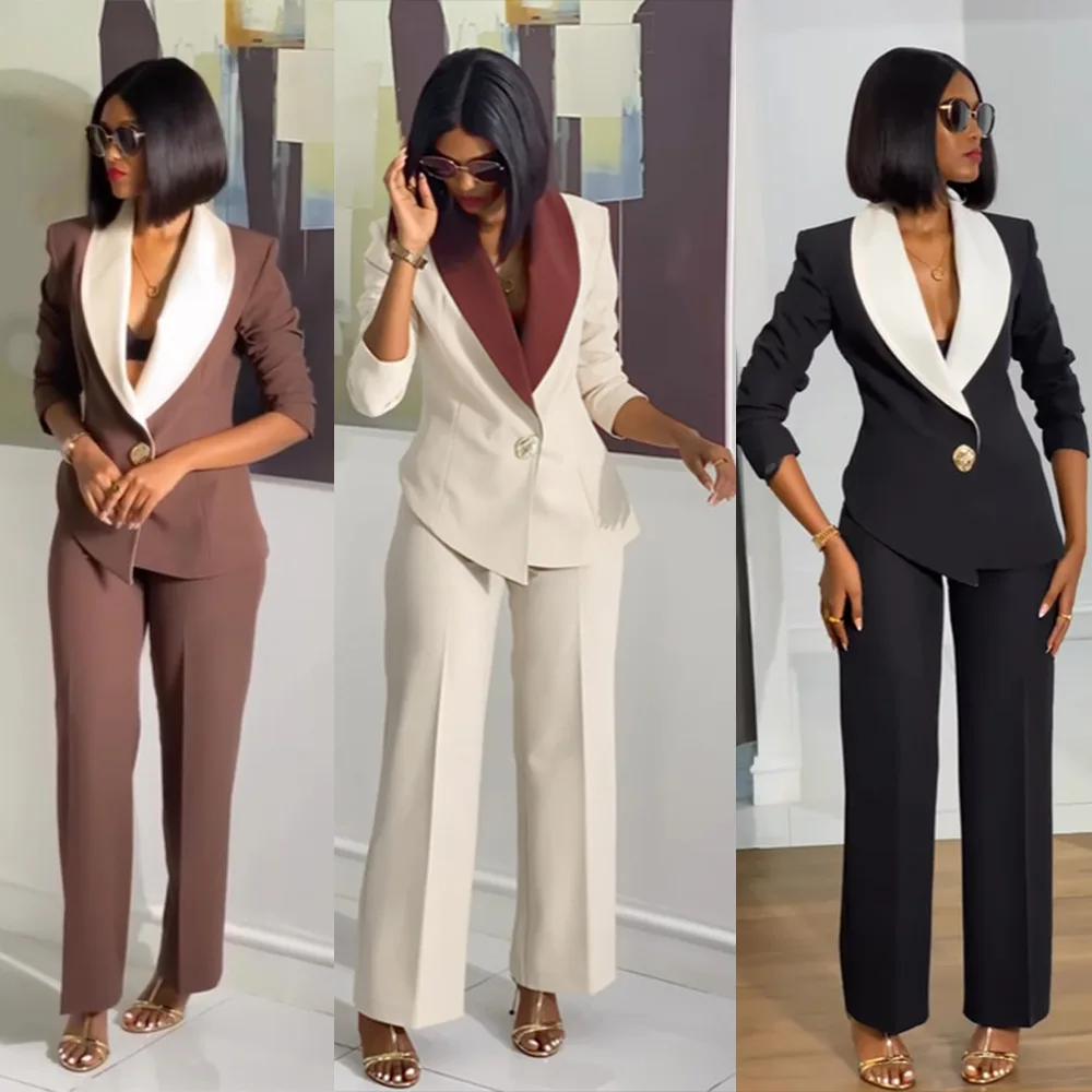 

Women Two Pieces Long Pant Set Patchwork Matching Set Turn Down Collar Single Button Top Elastic Waist Pant Casual 2026 Summer