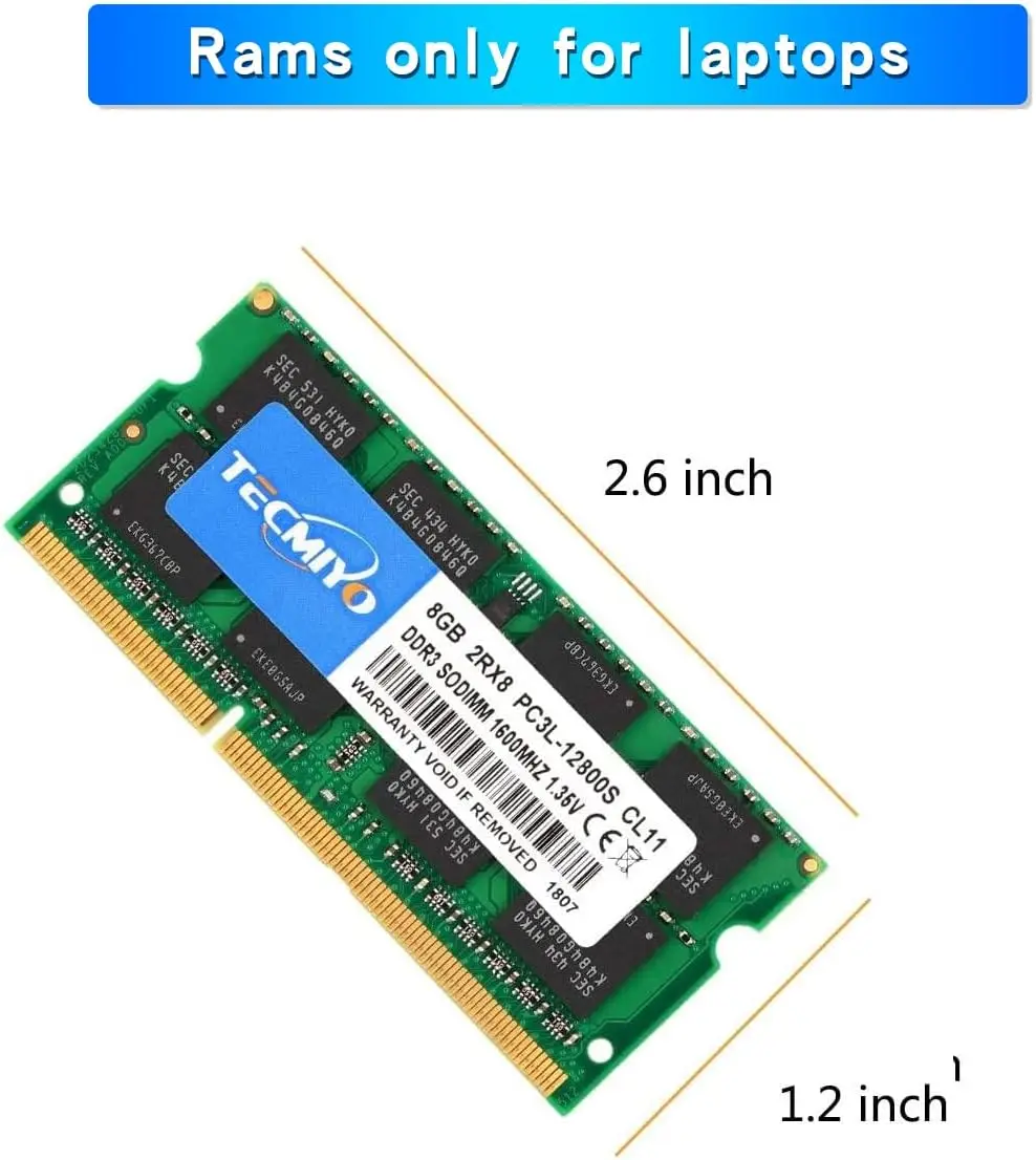 TECMIYO-Memória RAM do portátil, 8GB, DDR3L, 1600MHz, SODIMM, 1.35V, PC3L-12800S, Não-ECC-Verde