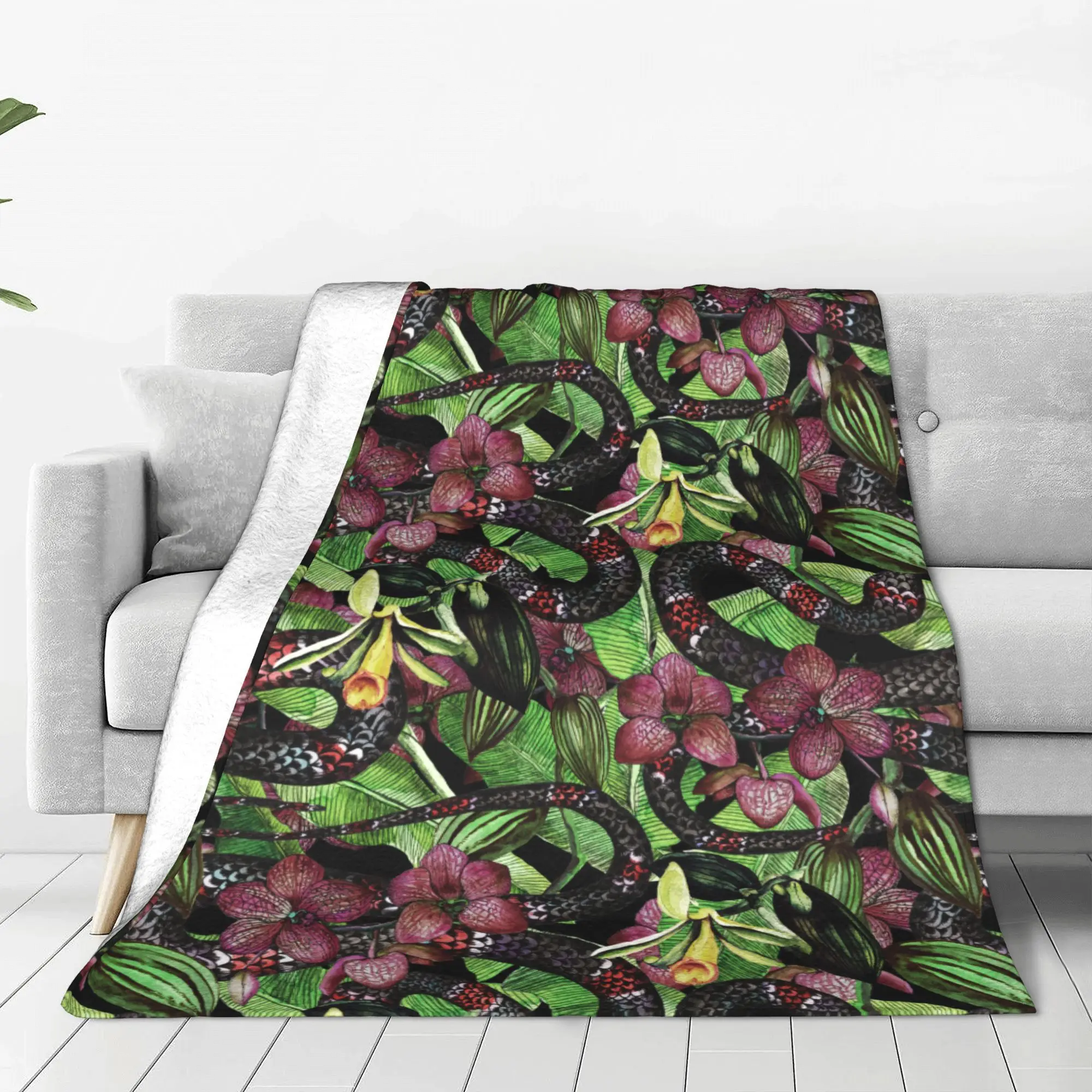 Super Soft Tropical Flower Leaves Snakes Throw Blanket Premium Flannel Fleece Arizona Coral Snake Bed Blanket Super Cozy