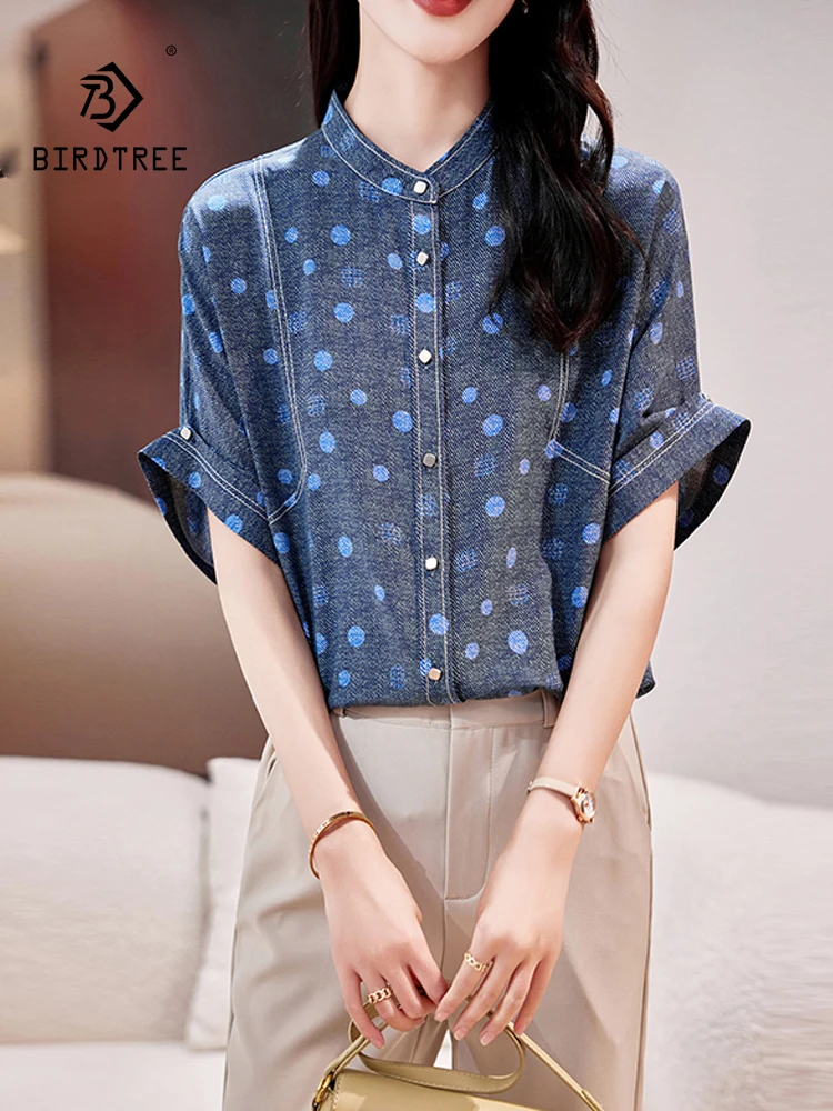 

BirdTree, 91.8%Real Silk Elegant Shirt, Women Short Sleeve Dot Printed, Fashion OL Commute Loose Blouse, 2024 Summer T46433QC