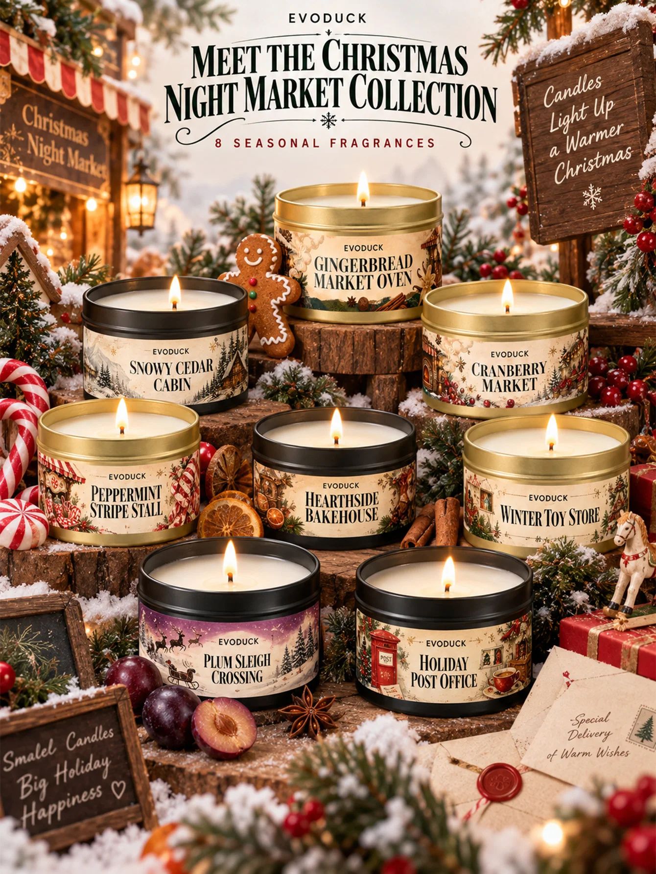 Winter Toy Store Christmas Scented Candle Set 8 Pcs 3 oz Tin Candles Vanilla Amber Cashmere Aroma Xmas Holiday Gift Home Decor