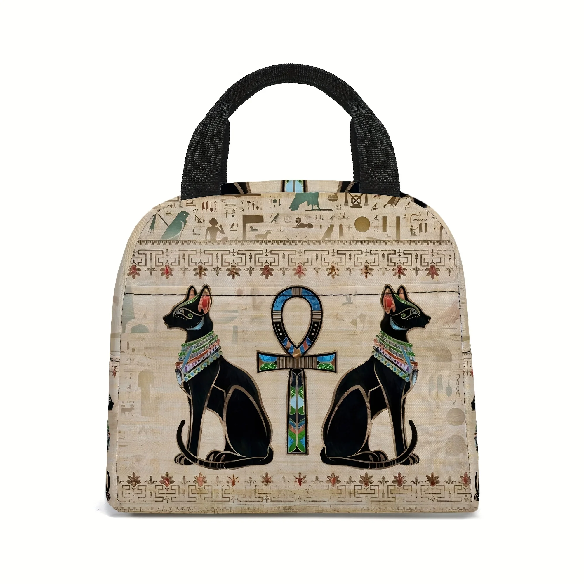 Vintage Egyptian Cat Pattern Insulated Tote Bag - Multi-Functional Lunch & Ice Bag for Work, Travel, Picnic