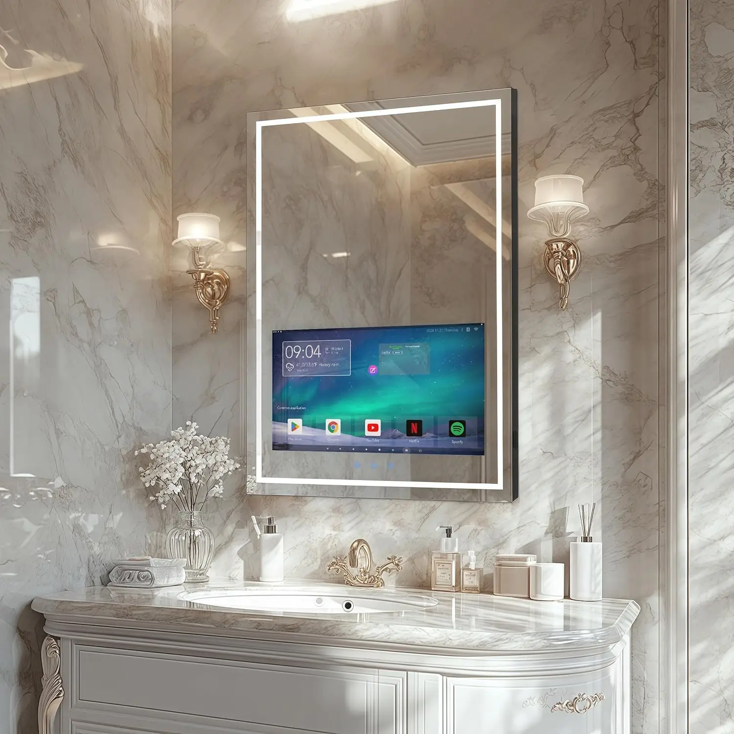 Contemporary Waterproof Touch Screen Android Smart TV Bathroom Magic Mirror Built In Speakers Led Magic Mirror Lcd Show Mirror
