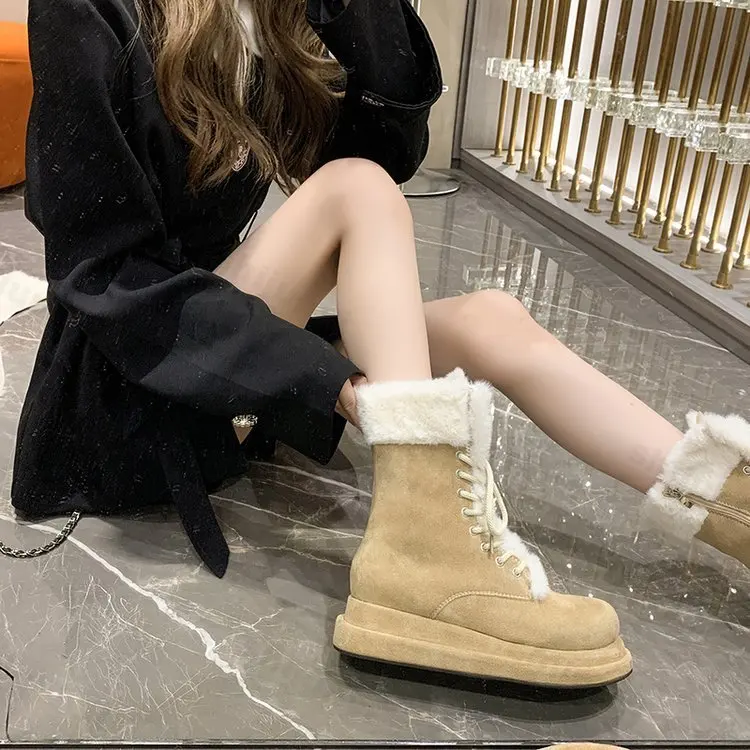 2024 neue verdickte Plüsch Schneeschuhe Frauen Winter Kunst pelz Mid-Calf Stiefel Frau Schnür Schneeschuhe Damen flache warme Baumwoll schuhe