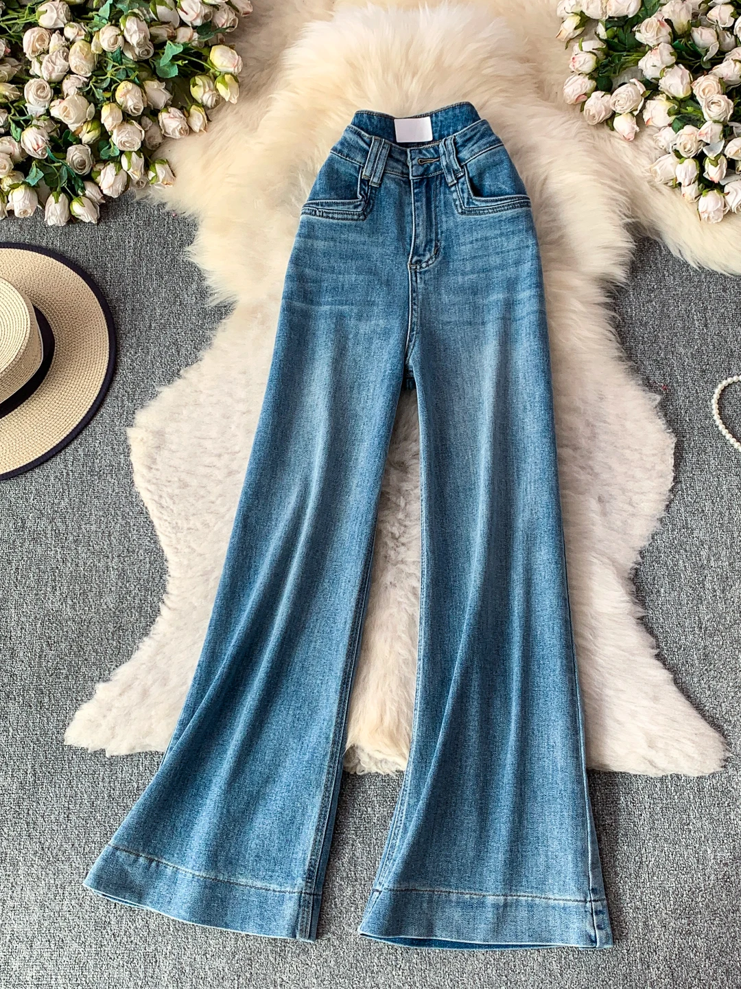 Retro Washed Denim Micro Flared Pants Women's 2026 American Small Size High Waist Slimming Elastic  Hoof Flared Pants