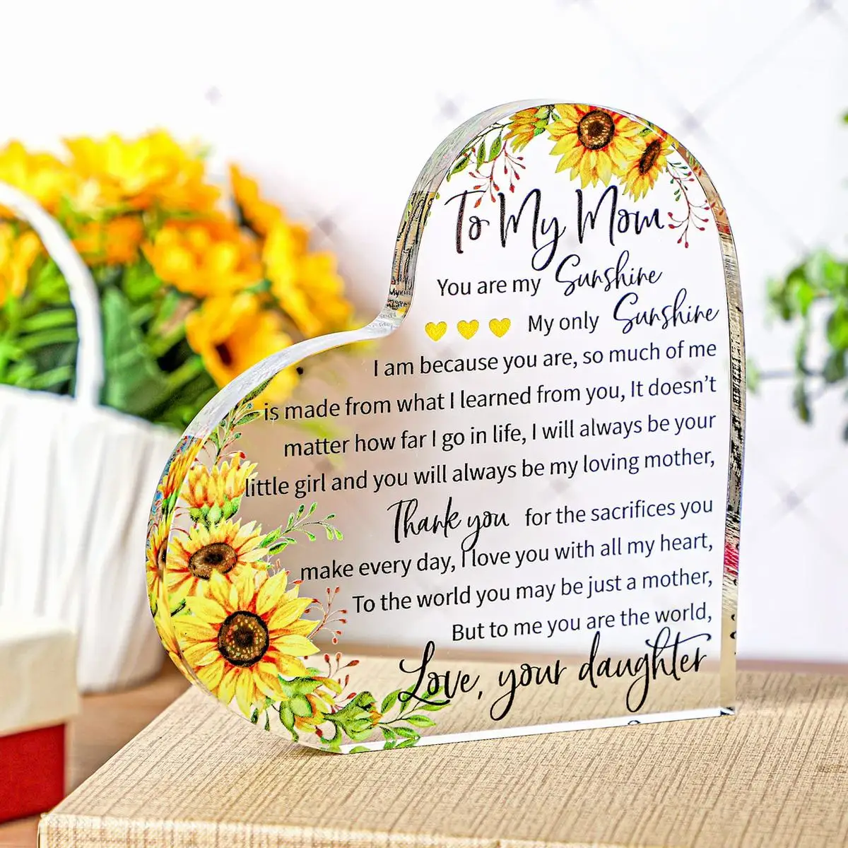 Mom Gift Mother in Law Gift Bonus Mom Gift to My Mom Acrylic Heart Sunflower Mothers Plaque Gifts Grateful Birthday Gifts