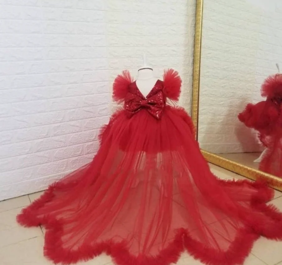 

Red Tulle First Birthday Dresses Flower Girl Dress Ball Gown Kids Wedding Party Pageant Prom Gown with Long Tail