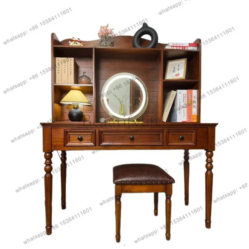 

White Chun Wood American All Solid Wood Bookshelf Combination Computer Household Integrated Writing Desk and Chair
