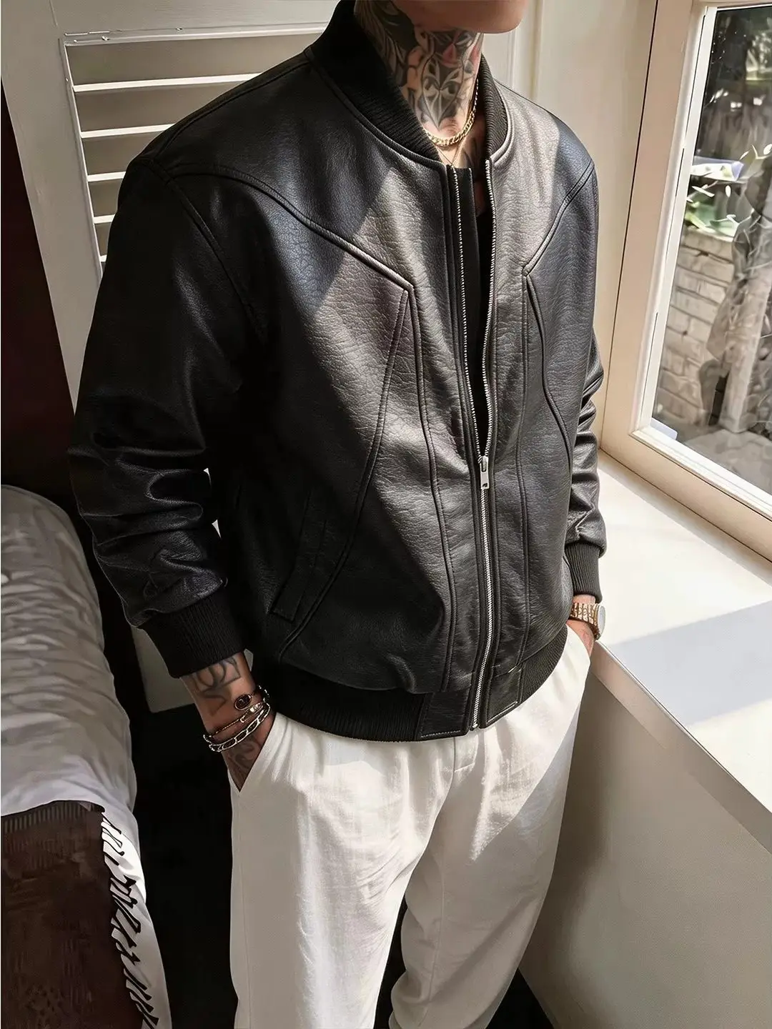 Men's PU Leather Jacket Short Biker Style Three-Proof Stand Collar Baseball Coat Autumn Fashionable Casual Wear Long Sleeve