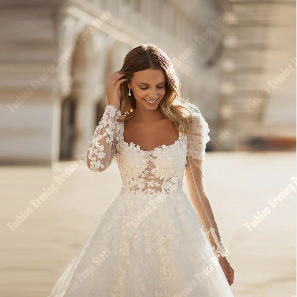 Eleganti abiti da sposa da donna bianchi in pizzo maniche lunghe Applique in pizzo a-line abiti da sposa abiti classici su misura De Noivas