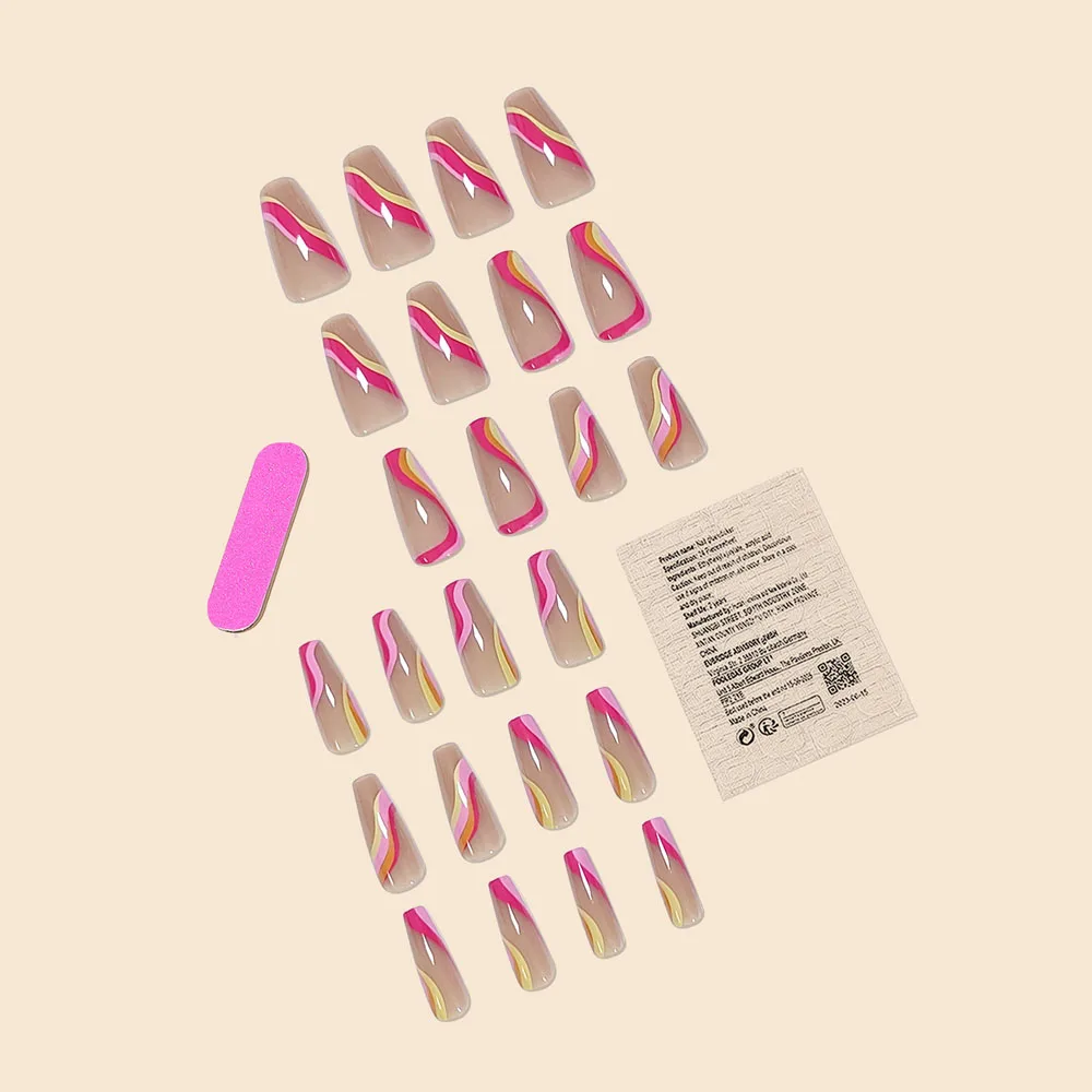 Fashion New Women Girls 24Pcs/Set Long Ballet French Colorful Striped Printed Full Coverage Wearable Fake Nail Press on Nail Art