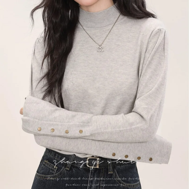 

Минималистичный эстетический осенний наряд в корейском стиле, новый серый вязаный свитер с полуводолазкой, женский топ