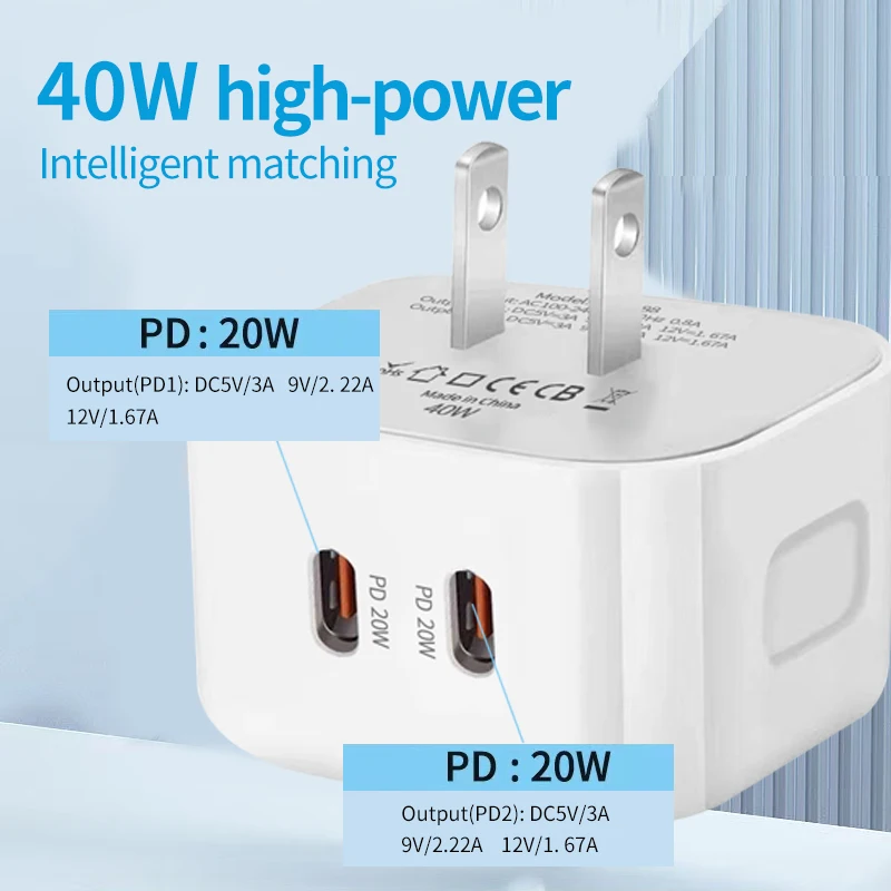 40W Dual USB C Type c PD Wall Charger Fast Quick Charging Power Adapters For IPhone 15 14 Xiaomi Huawei Samsung Phone Charge