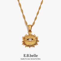 E.B.belle Elegant Water Wave Chain Gold Plated Stainless Steel Creative Sunlight Zirconia Evil Eye Pendant Necklaces For Women