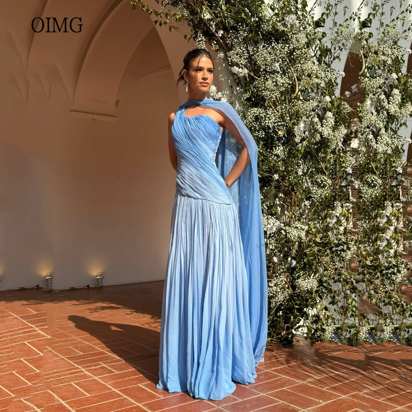 OIMG Gradient Blue A Line Prom Gowns One Shoulder Pleated Party Gown Floor Length Evening Dress vestidos de festa Customized