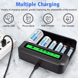 8 Slots Multiple Lithium Battery Charger 1.2V AA/AAA/D/C Type-C Overcharge USB LCD NI-MH Rechargeable Battery Charger