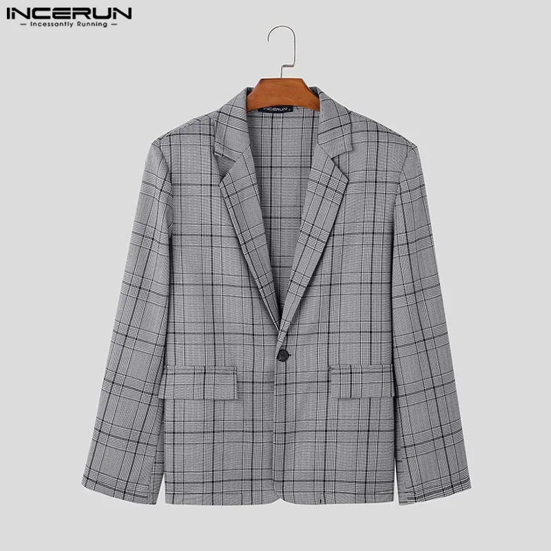 INCERUN Tops 2024 Korean Style Handsome Men Plaid Design Suit Coats Autumn Winter Casual Well Fitting Long Sleeved Blazer S-5XL