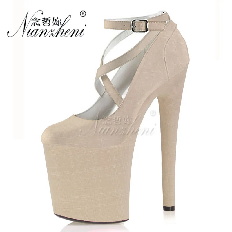 

Exotic Dancer Fashion Buckle High Heeled Shoes 20cm Big Size 8 Inch Lady Work Roman Pumps Flocked Strappy Elegant Footwear