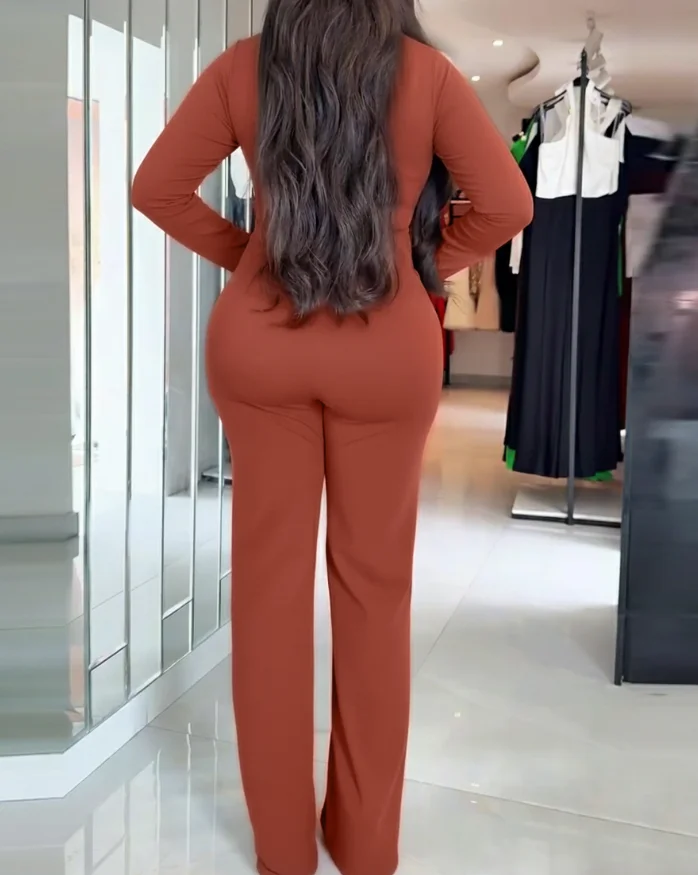 الذهب غير النظامية زر الصليب تصميم عالية الخصر مستقيم الساق بذلة الخريف المرأة بلون بسيط التنقل بذلة