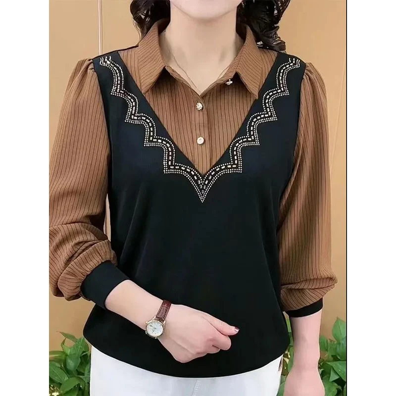 

2023 New Stripe Splice Fake Two Pieces Fashion Tops Office Lady Contrast Style Autumn Long Sleeve Blouse