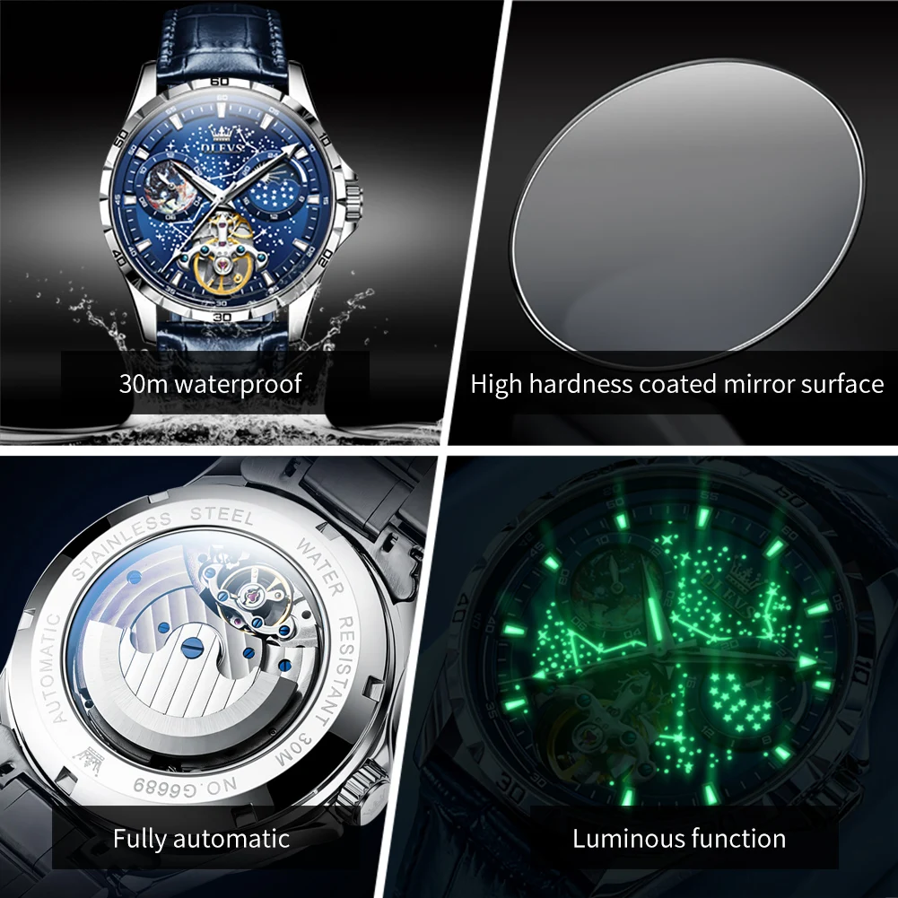 OLEVS Original Automatic Watch for Men Skeleton Hollow Starry Sky Moon Phase Luminous Waterproof Leather Men\'s Mechanical Watch