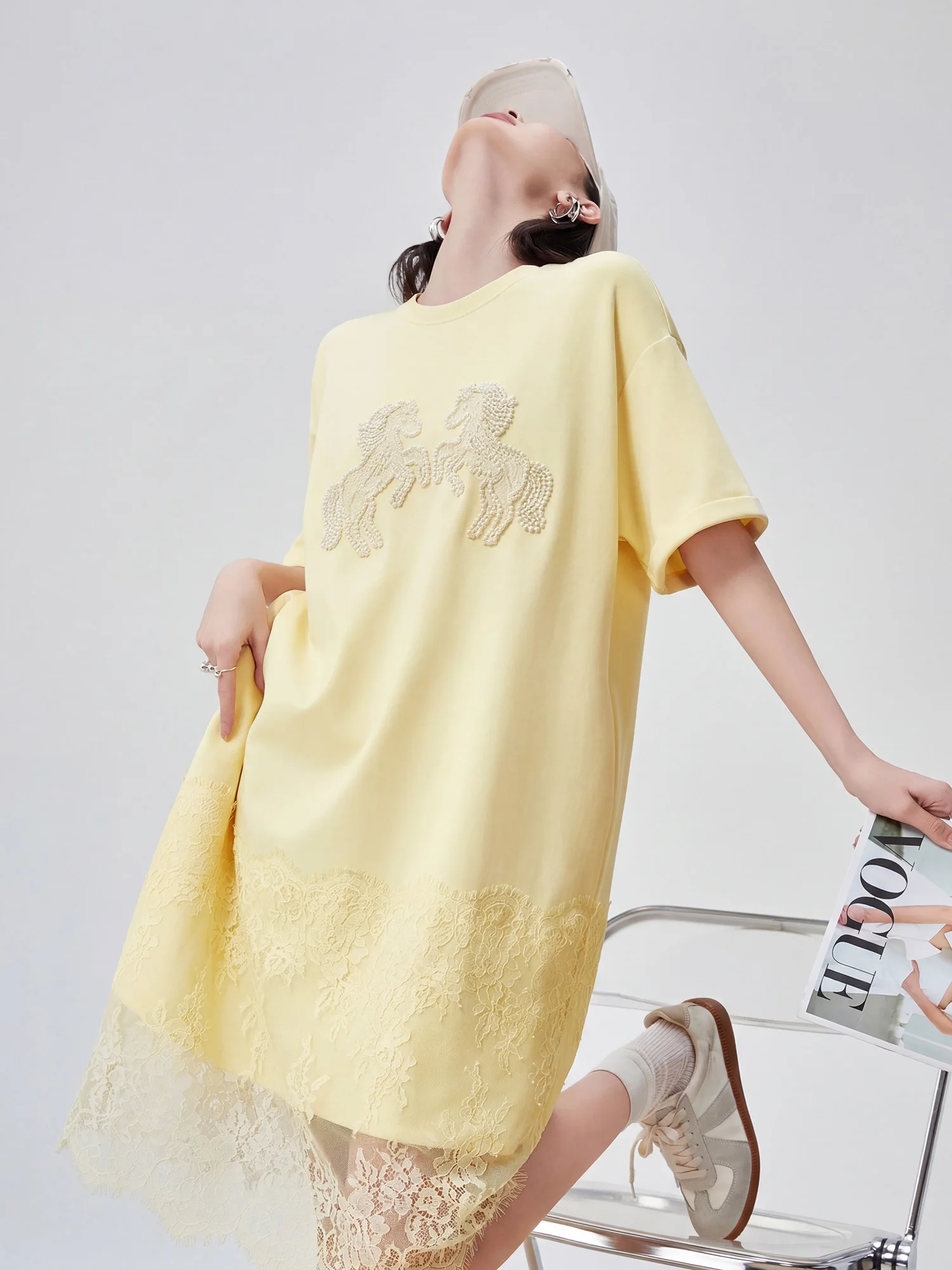 

Casual Pearl Lace Splicing Print round Neck Short Sleeve Women's Dress Summer New Loose Slimming Midi Dress City Commute