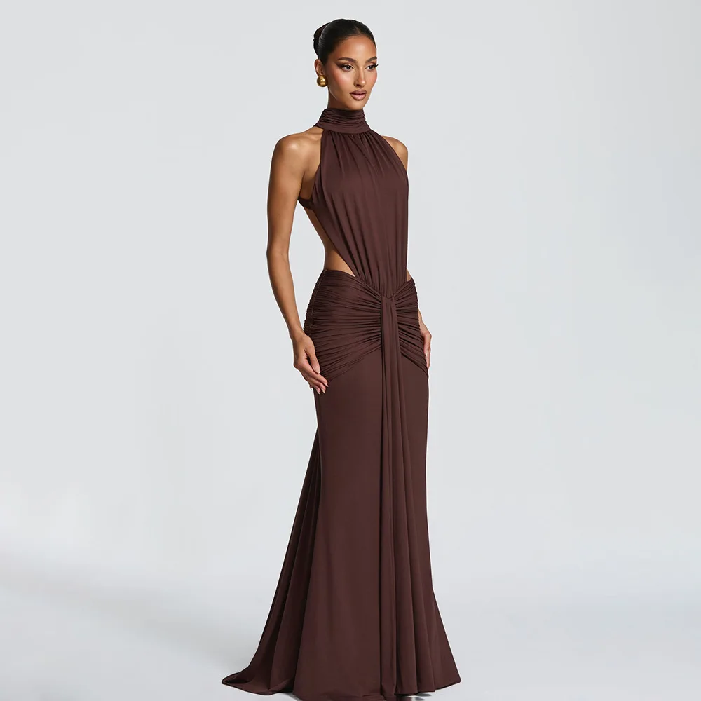 Women Solid Color Mermaid Evening Dress Sexy Open‑Back Slim Floor‑Length Long Gown Formal Banquet Party Maxi Dresses For Ladies