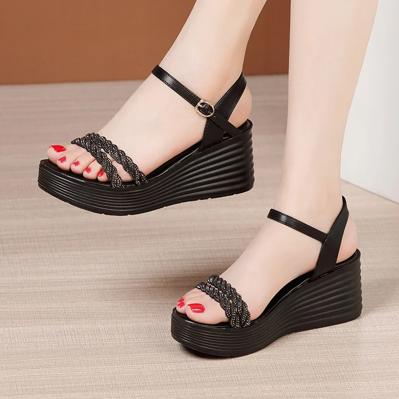 High quality wedge sandals for women 7cm high heel new 2023 summer size 33 34 42 43 platform open toe elegant shoe black gold