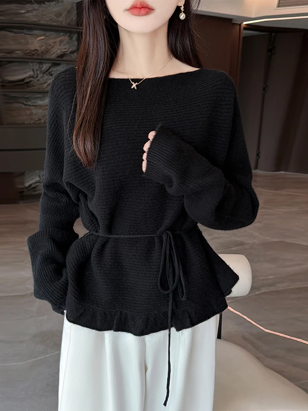 Autumn Winter Loose Knitted Woolen Base Shirt Batwing Sleeve One Shoulder Pure Color Sweater with Wood Grain  And Belt fo...