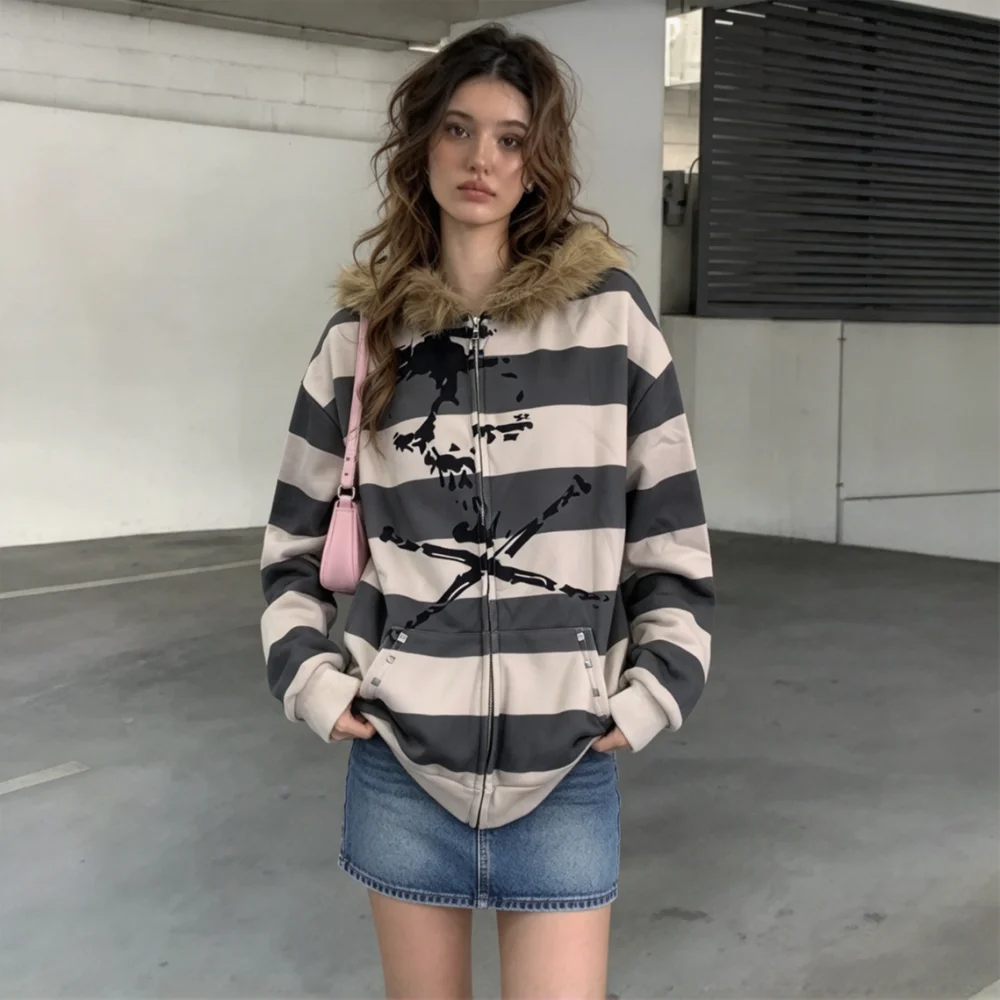 Autumn Winter Faux Fur Collar Zip Hoodie Men Women, Gray Beige Stripe Skull Graphic Print Loose Streetwear Jacket With Hood