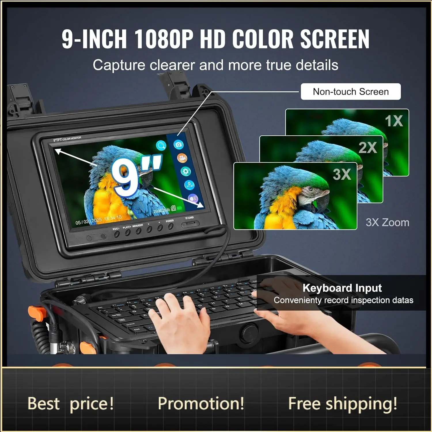 

VEVOR Sewer Camera, 98 ft/30m, Self-Leveling Drain Camera with 512Hz Transmitter, Distance Counter, 9" Screen 1080P HD Snake Plu