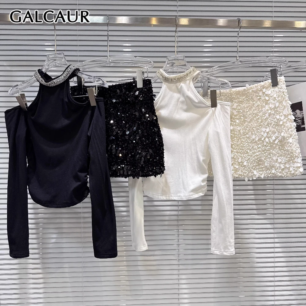 

Комплект GALCAUR: топ-халтер с длинным рукавом и юбка, расшитые пайетками, для женщин, летняя мода, новинка