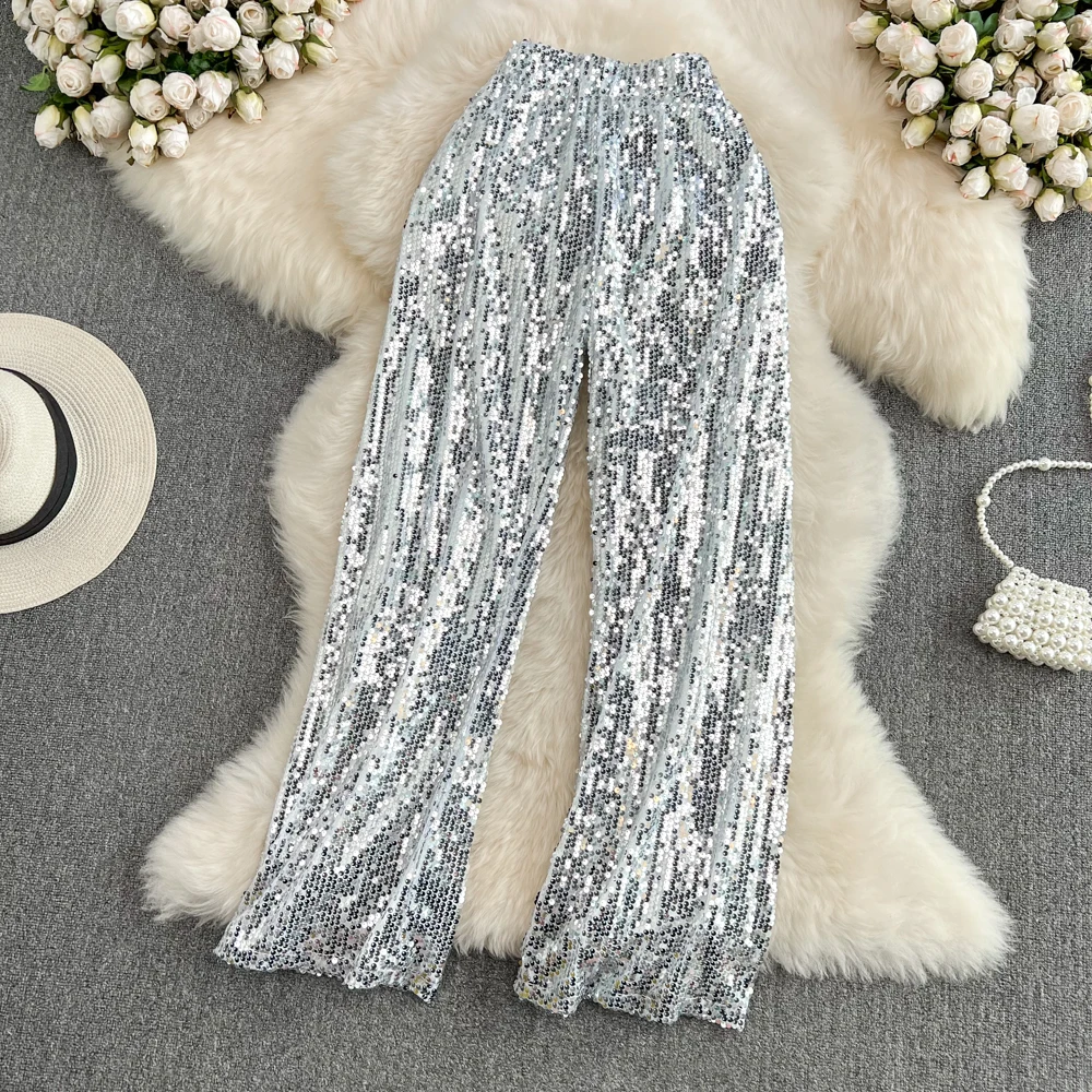 

Women Fashion Shining Trousers Tall Waist Sequins Flares Spring Silver Glitter Sparkling Y2k Relaxation Wide-legged Pants