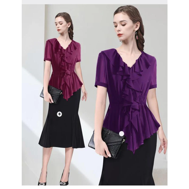 Women Summer Simplicity Slim Temperament Ruffles Chiffon V-neck Solid Color Short Sleeve Shirts Ladies Casual All-match Tops