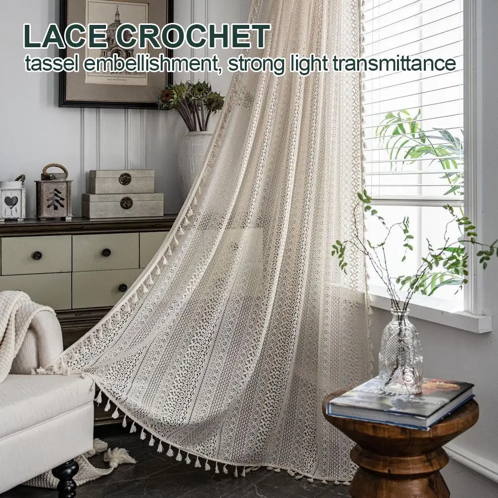 Boho Tassel Crochet Curtains for Living Room,Vintage Rod Pocket Curtains Geometry Striped Knitted Lace Light Filtering Curtains