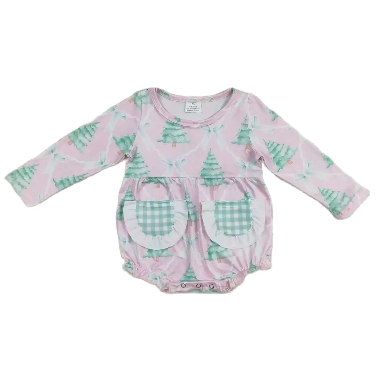 LR1018 Good Quality  Baby Girl Clothes Long Sleeves Top Christmas Tree Bow Green Plaid Print With Jumpsuit  Children Clothes