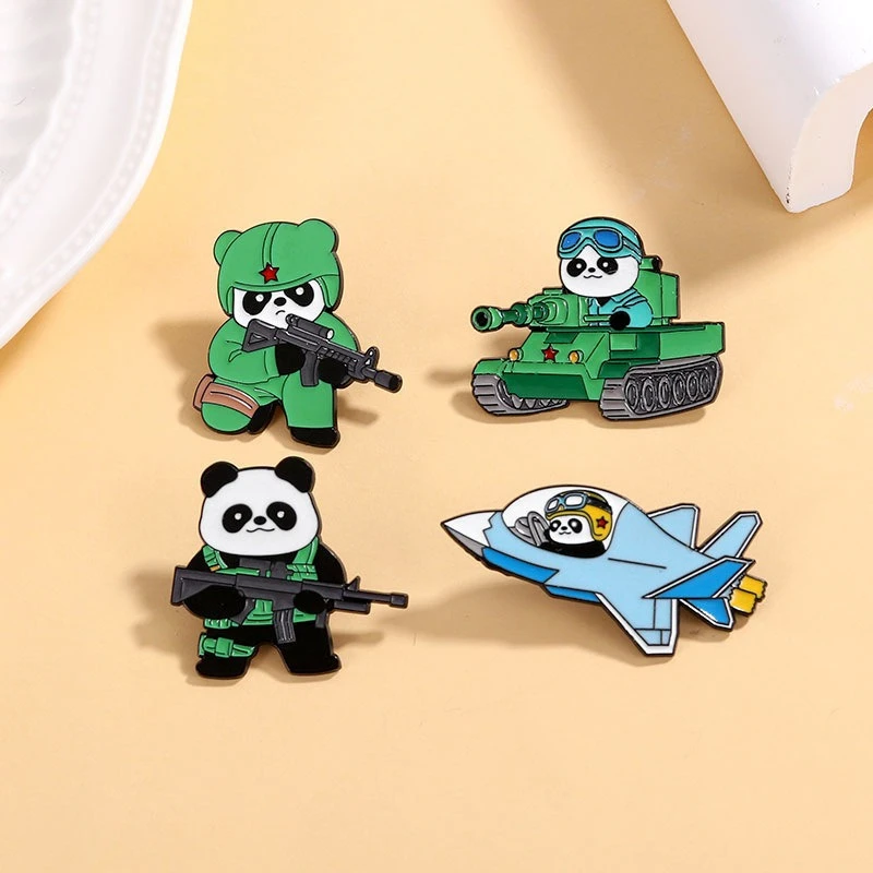 Panda Tank Pilot Design Cartoon Brooch Student Book Alloy Drip Oil Badge Pin DIY for Clothes Bags