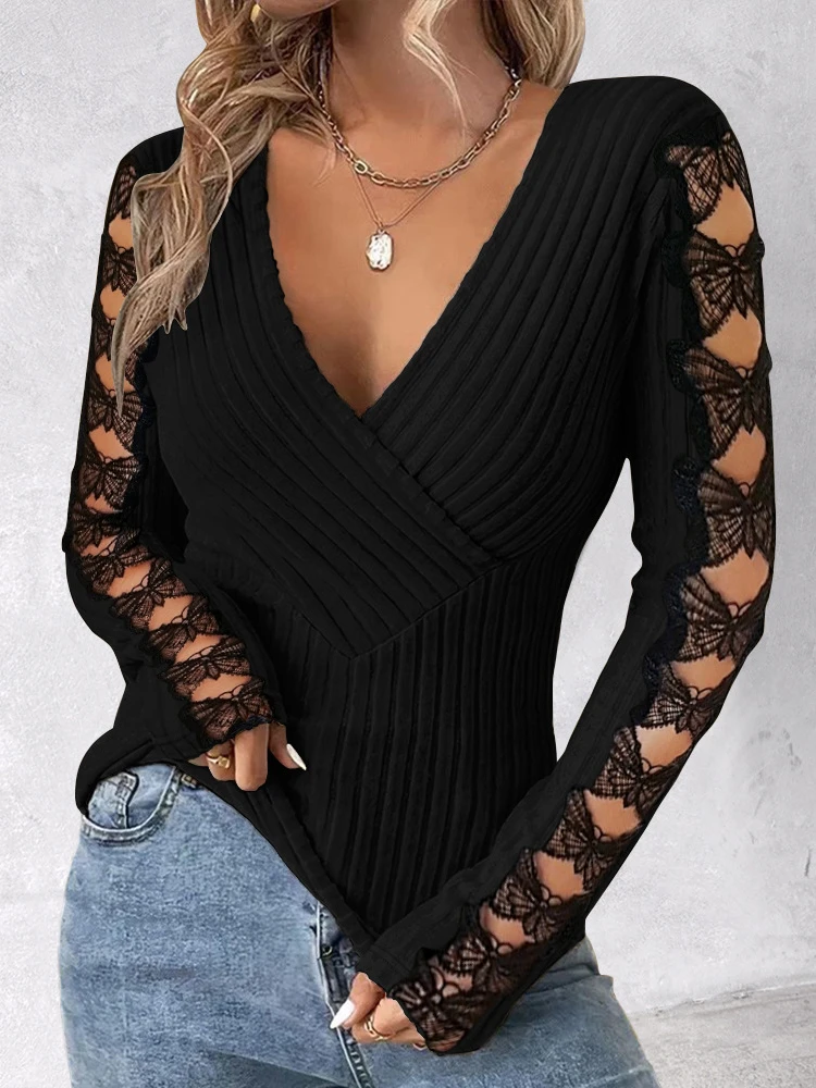 Sexy Tops Women Hollow Out Bow Top Full Sleeve V Neck Splice Regular Slim Fit Tees Knitted T Shirts Elegant 2023 Office Ladies