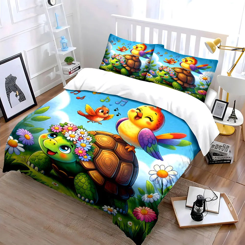 Turtle and cheerful singing birds Printed Duvet Cover Set1 Duvet Cover+2 PillowcaseMulti Size Bedroom Bedding Decoration