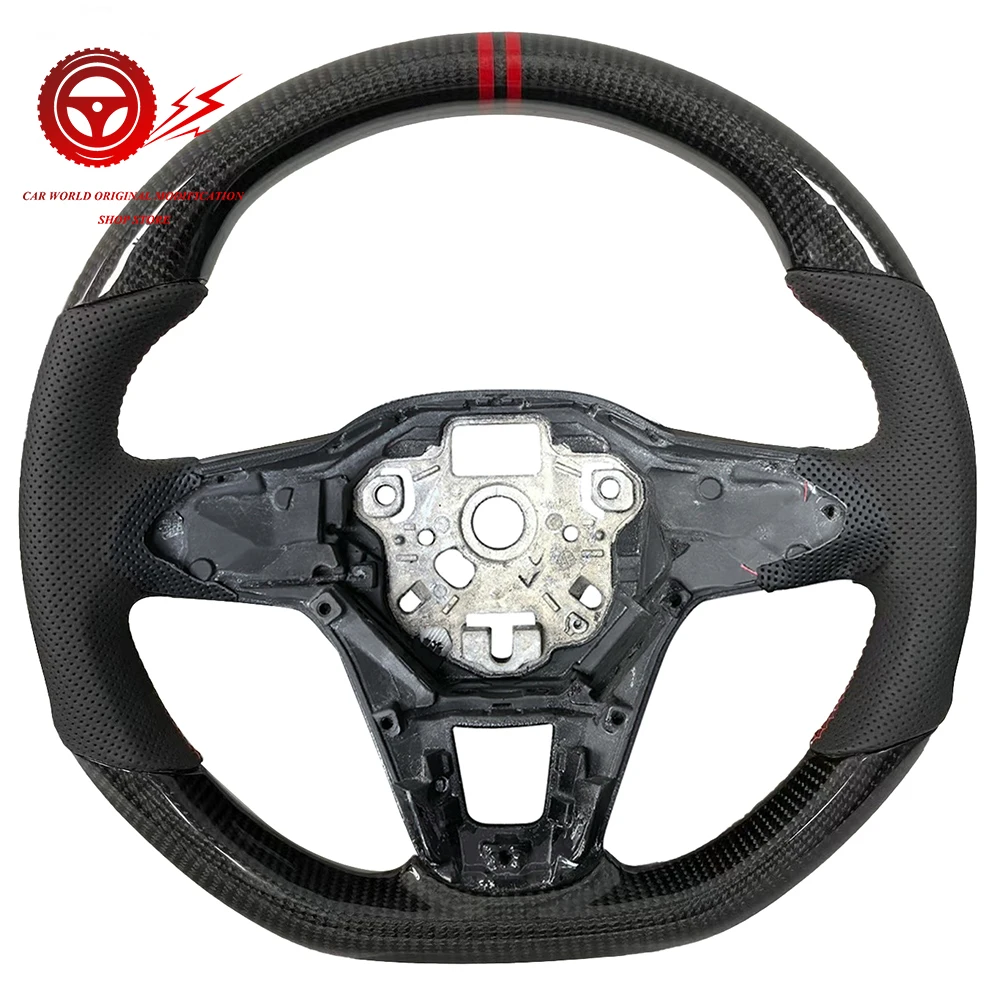 Carbon Fiber Semi Perforated Leather Multifunctional Flat Bottomed Sports Steering Wheel, For VW GOLF MK8 CC GTI