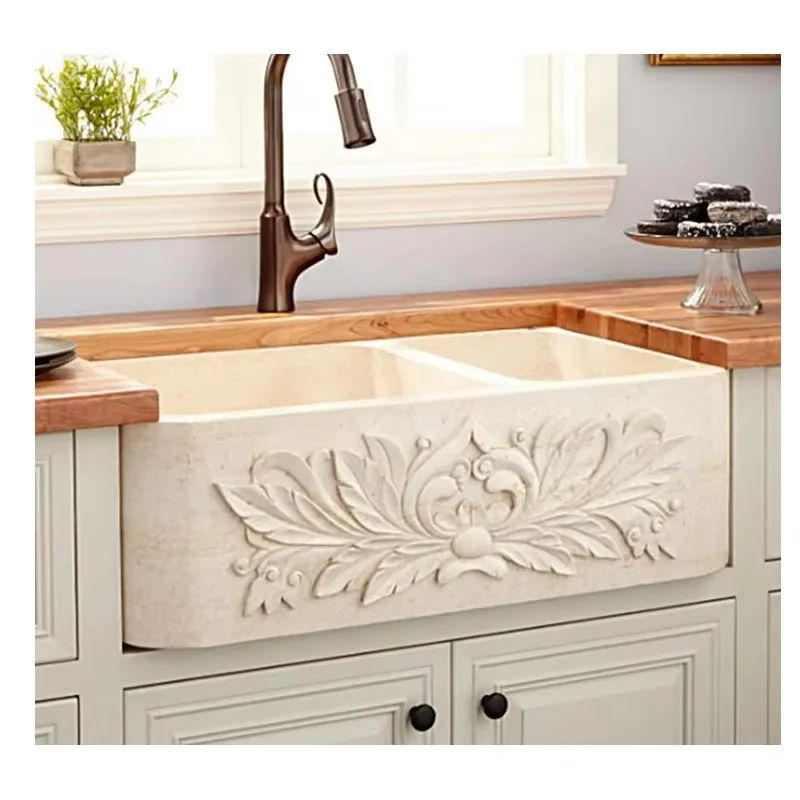 

34inch Kitchen Sink Stone Beige Marble Vegetable Washing Bowl Lavatory Sinks Rectangular Under Mount