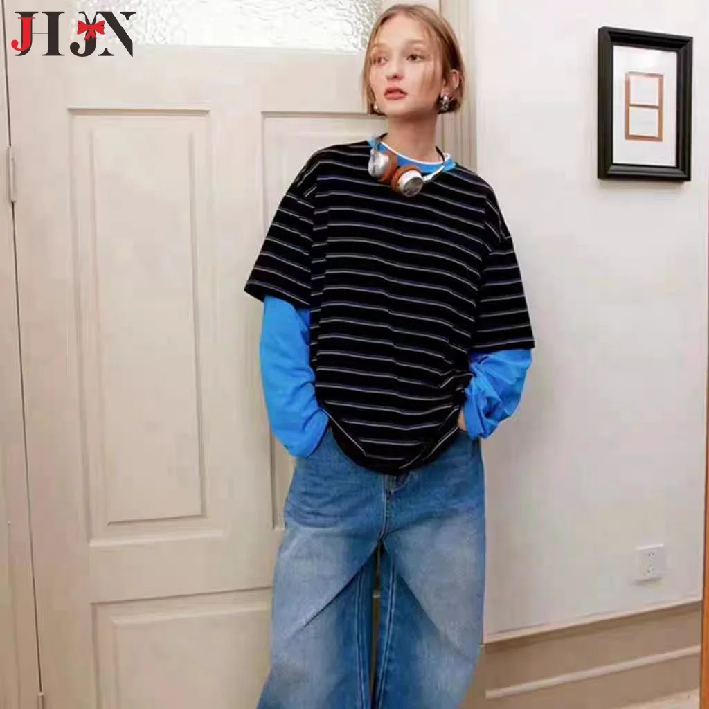 2024 Tops Fake Two Pieces Colour Blocking Striped Blouse Pullover Sweatshirt Autumn Y2k Clothes Spring Hoodies Women'S Clothing