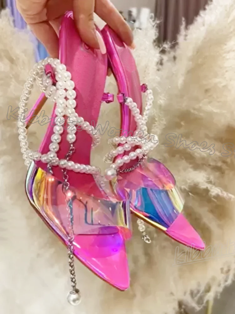 

Pearls Ankle Strap Sandals Leather Mixed Color Pointy Thin Heel Party Wedding Fashion Elegant Concise Novelty Women Summer Shoes