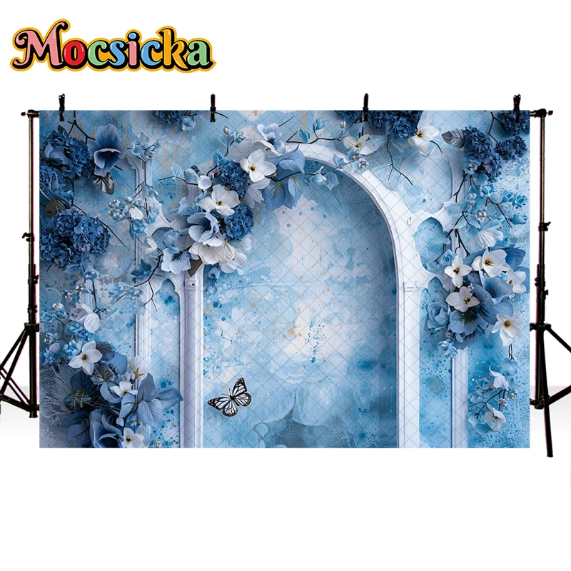 Mocsicka Photography Background Blue Butterfly Floral Arch Decor Birthday Wedding Cake Smash Kids Portrait Backdrop Photo Studio