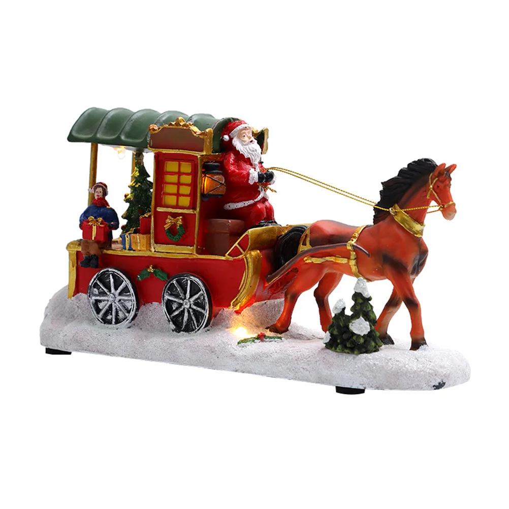 

Christmas Decorations Adornment Mini Resin Carriage Landscape Xmas Gift Rein Glowing LED Lights Chic Festival Luminous Ornament