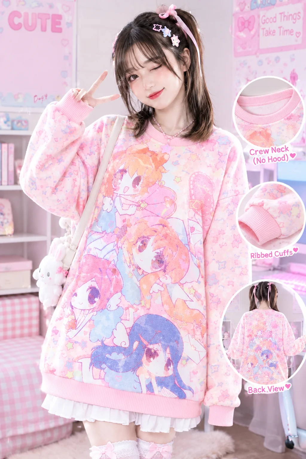Harajuku Y2K Sweet Hoodless Hoodie Pink Candy Crush Printed Girl Autumn Loose Casual Versatile Round Neck Long Sleeve