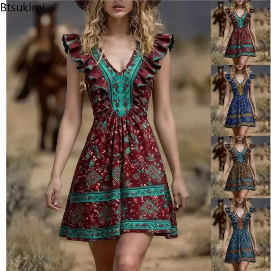 2026 New Women's Fashion Positioning Print Dress Casual Elegant Mini Dresses for Women Spring Summer Ethnic Style Vacation Dress